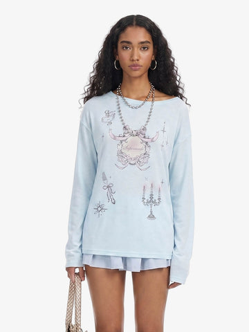 Off Shoulder Bow Graphic Long Sleeve T-Shirt 