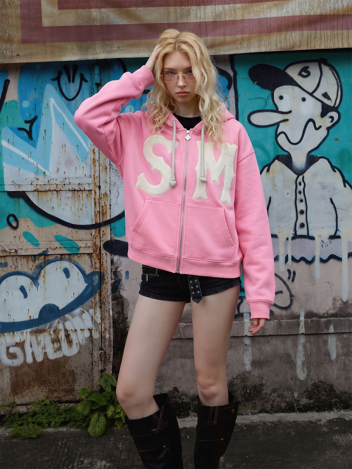 Letter Flocked Hooded Cardigan Sweatshirt