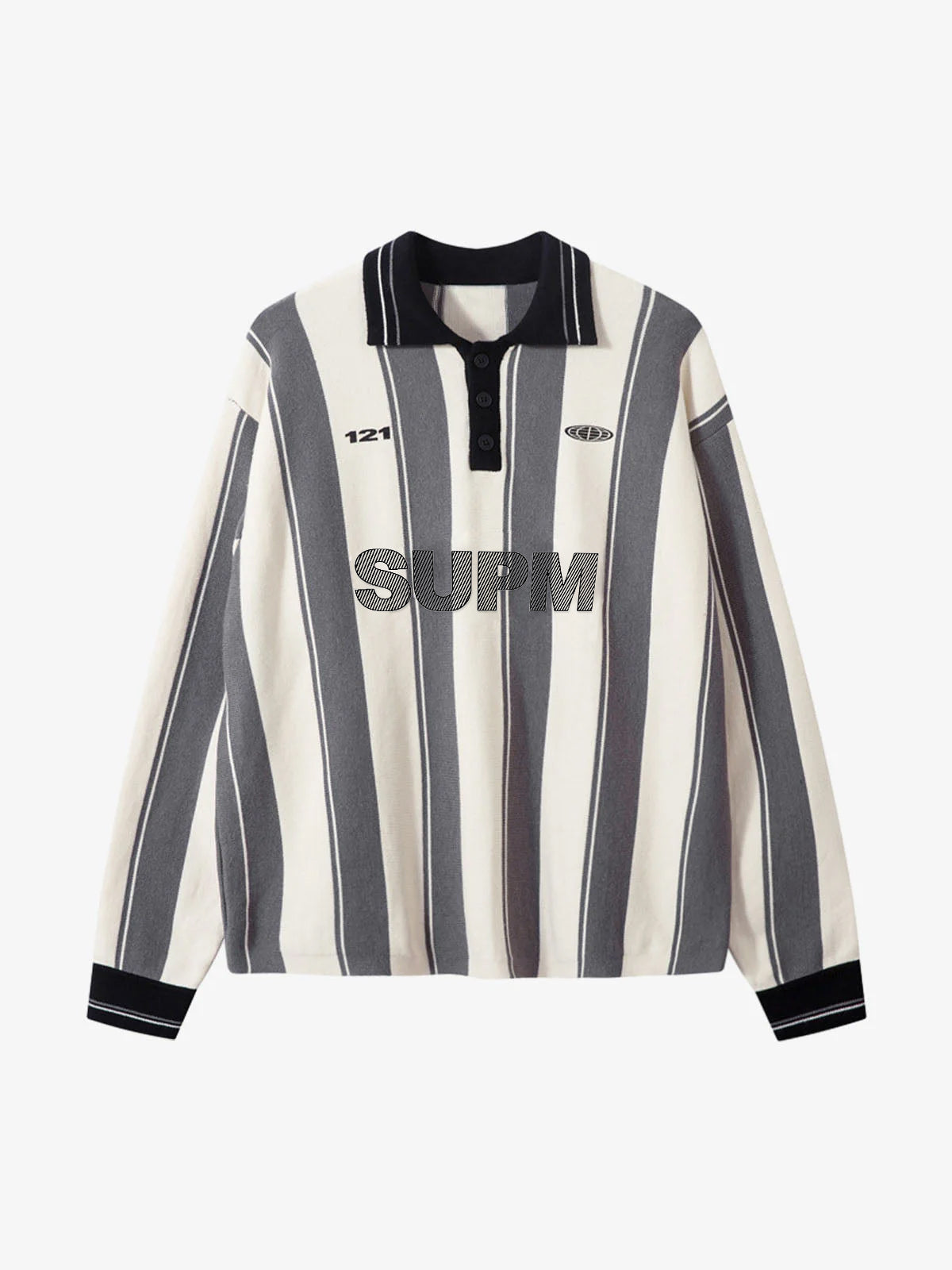 Retro Striped Polo Collar Sports Jersey Knit Sweater 