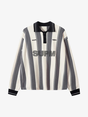 Retro Striped Polo Collar Sports Jersey Knit Sweater 
