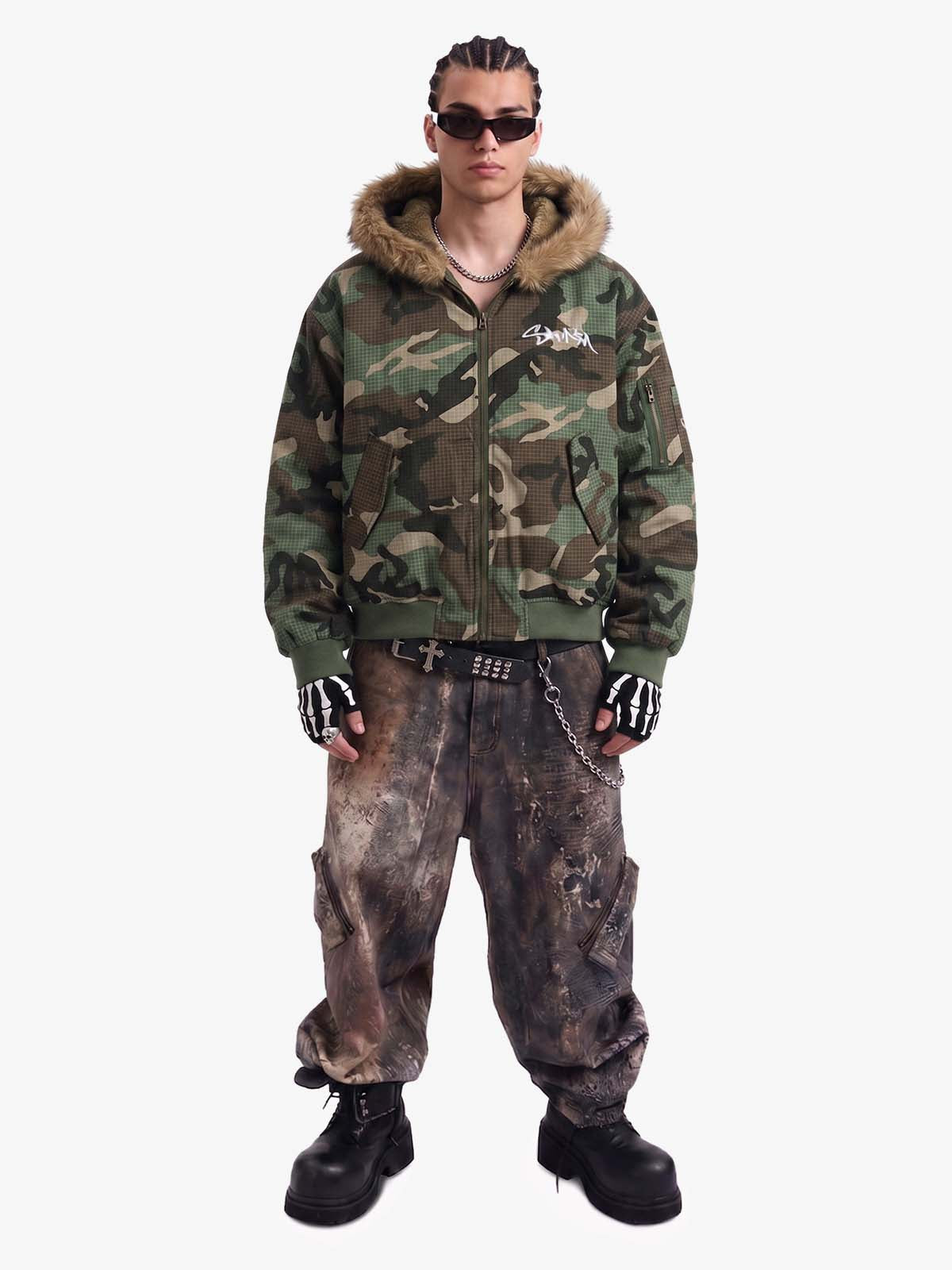 Camouflage Fur Collar Reversible Cotton Jacket - 2499 