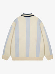 Vertical Striped Colorblock Lapel Sweater - 2587 
