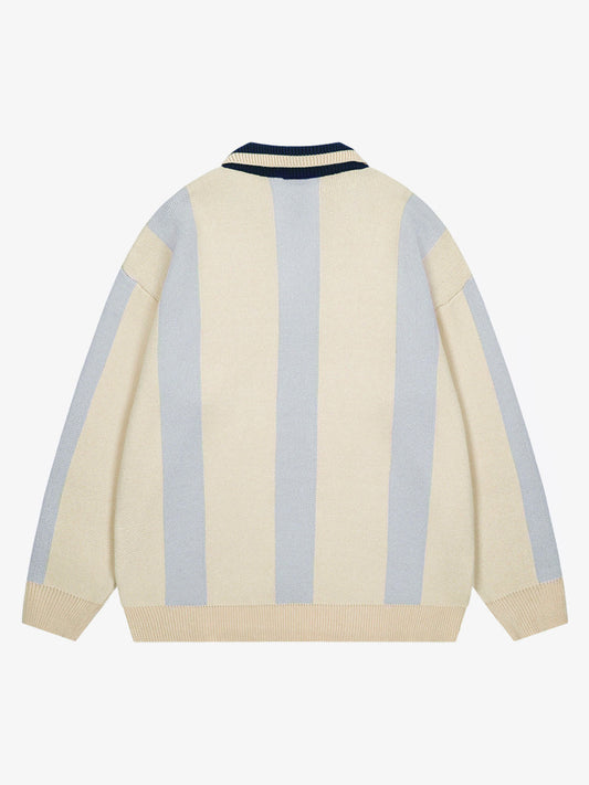 Vertical Striped Colorblock Lapel Sweater - 2587 