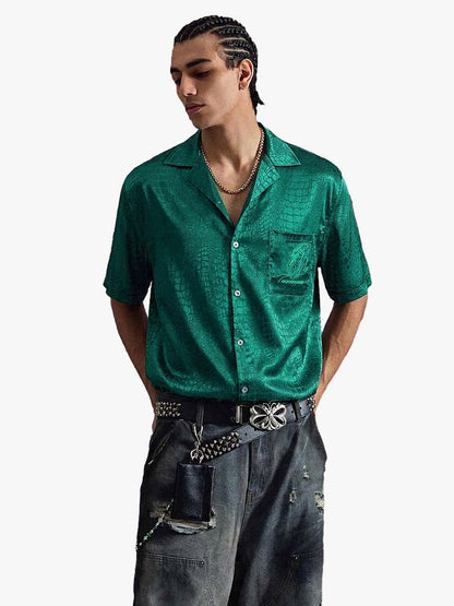 Emerald Crocodile Satin Cuban Shirt 