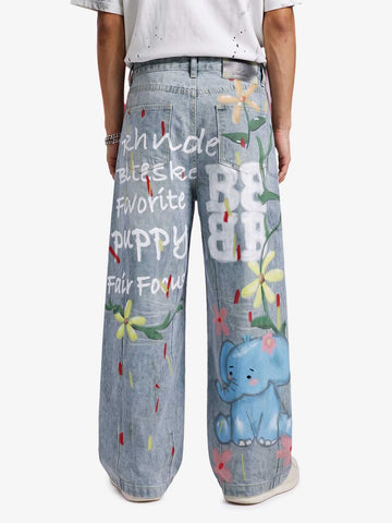 Graffiti Cartoon Animal Print Distressed Wide Leg Denim Jeans 