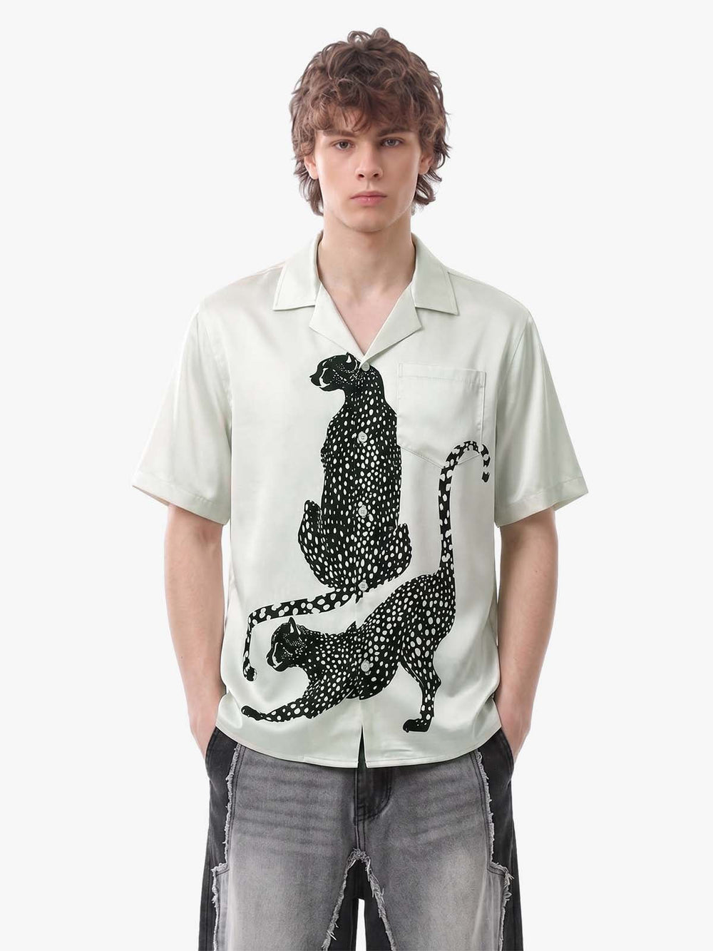 Double Cheetah Graphic Satin Camp Collar Boxy Shirt 
