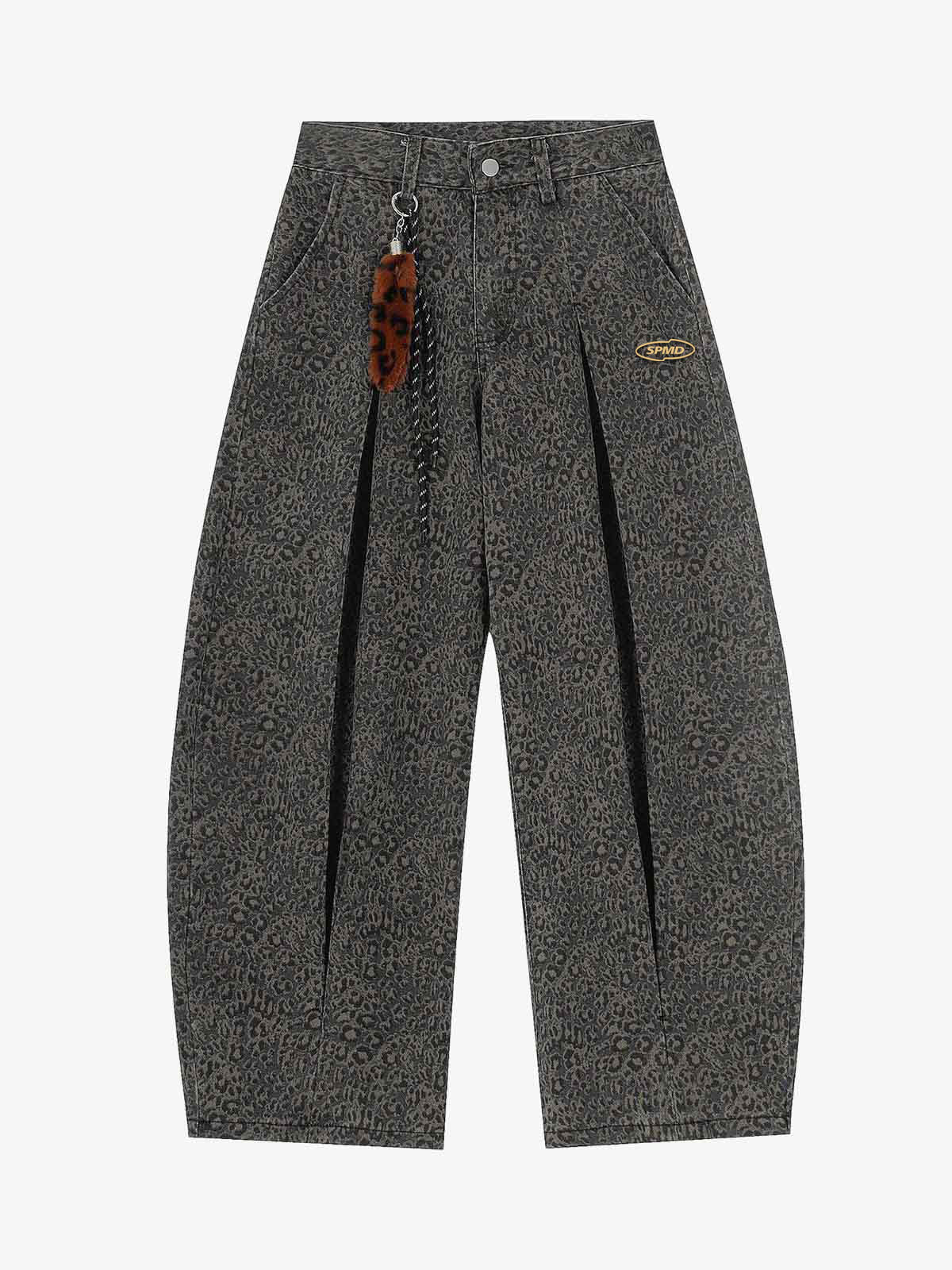 Leopard Pleated Wide Leg Denim Barrel Jeans 