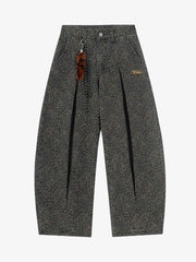 Leopard Pleated Wide Leg Denim Barrel Jeans 