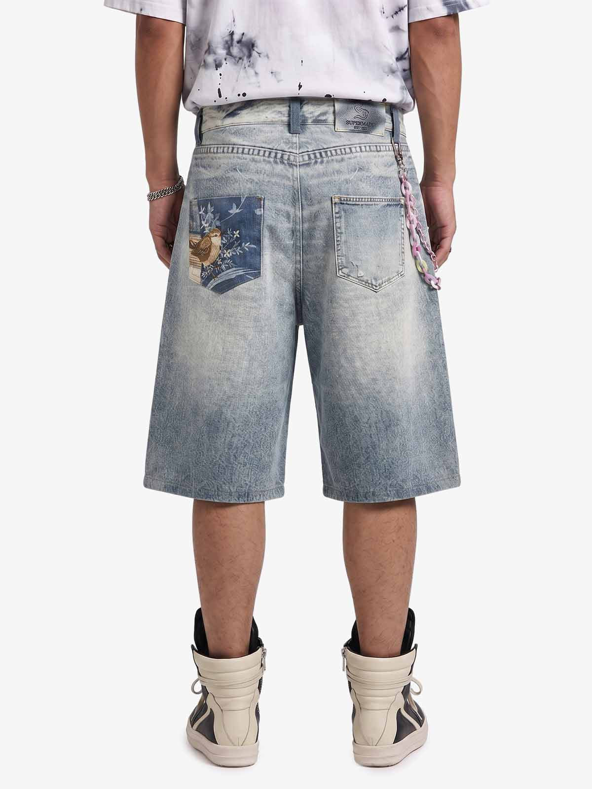 Charm Detail Graphic Denim Shorts 