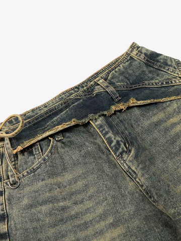 Layered Waist Tie Detail Vintage Wash Jeans 