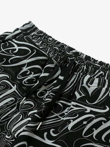 Black & White Graphic Lounge Shorts – Elastic Waist Drawstring Streetwear Shorts