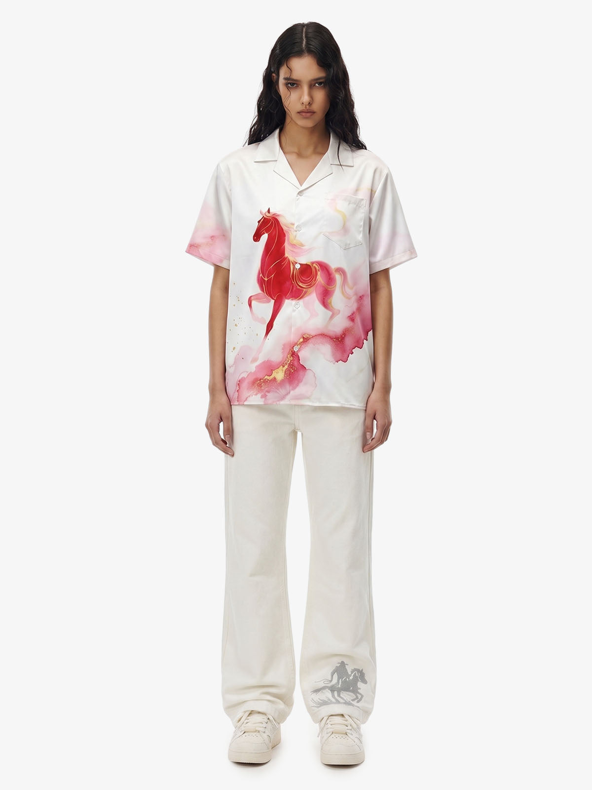 Horse Print Camp Collar Boxy Shirt 