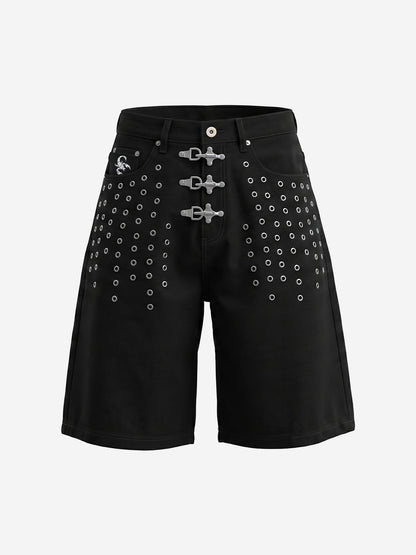 Scorpion Embroidered Anchor-Buckle Denim Shorts