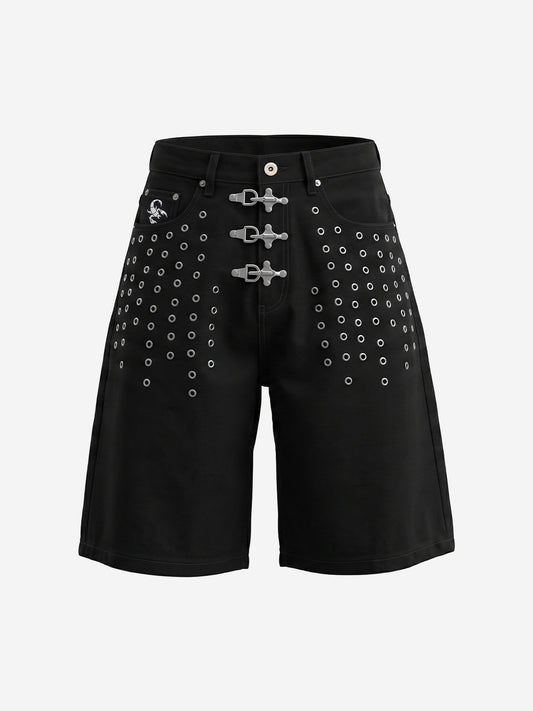 Scorpion Embroidered Anchor-Buckle Denim Shorts