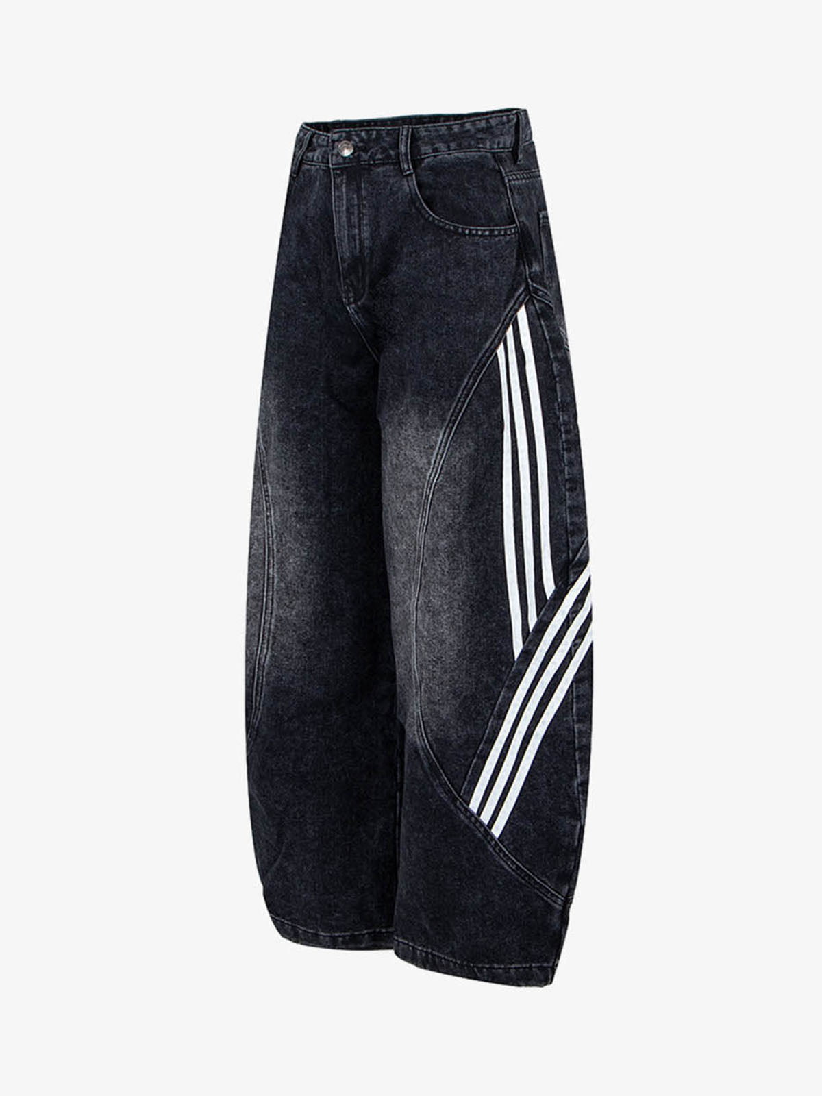 Denim Wide Leg Cropped Pants with White Stripe Design High Waist Fashion Trousers for Women 