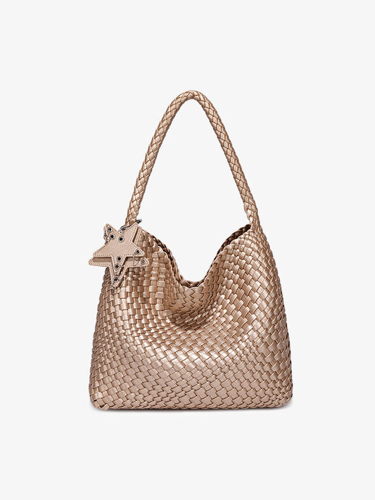 Star Charm Woven Metallic Hobo Bag