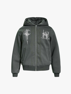 Stylish Hooded Zip-Up Jacket with Unique Graphic Design 