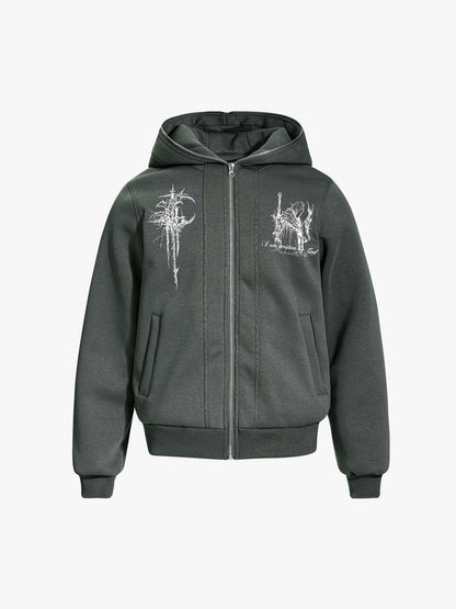 Stylish Hooded Zip-Up Jacket with Unique Graphic Design 