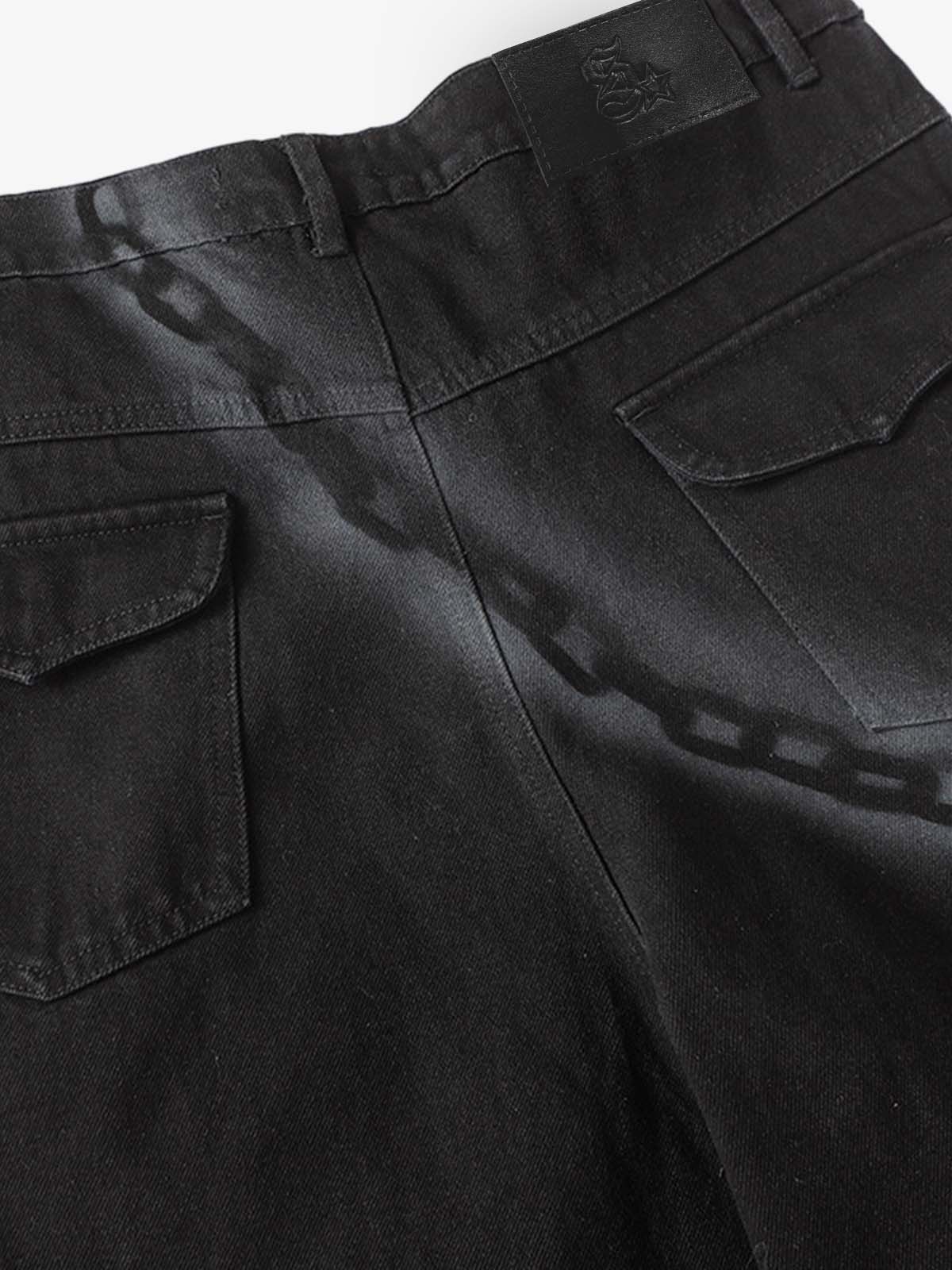 Chain Print Raw Edge Washed Wide-Leg Jeans 