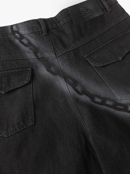 Chain Print Raw Edge Washed Wide-Leg Jeans 