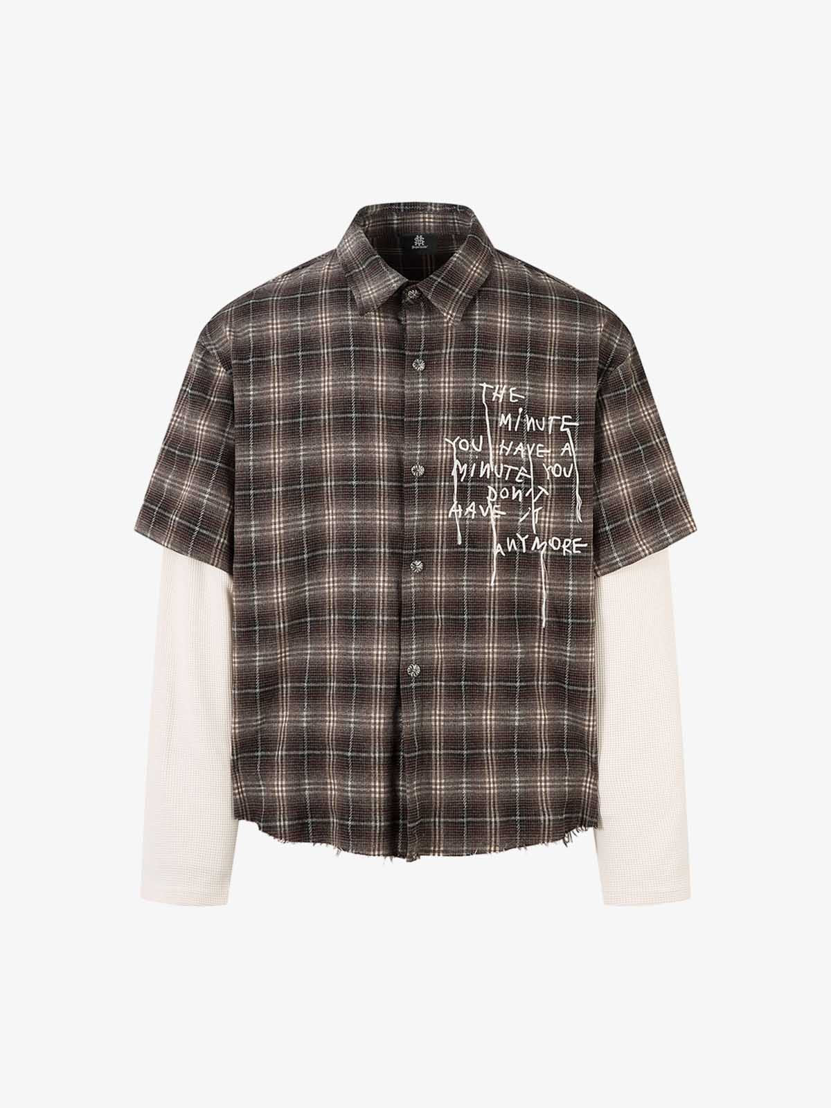 Street Faux Two-piece Damaged Plaid Long-sleeved Shirt 