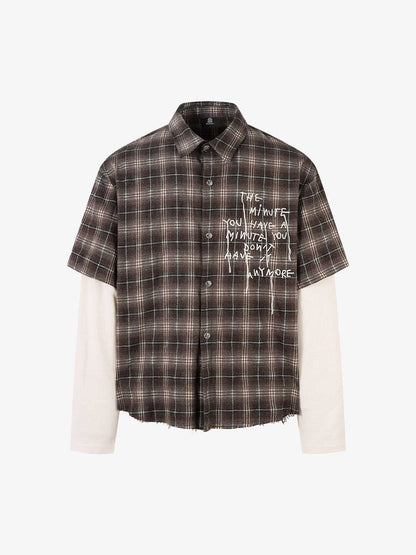 Street Faux Two-piece Damaged Plaid Long-sleeved Shirt 