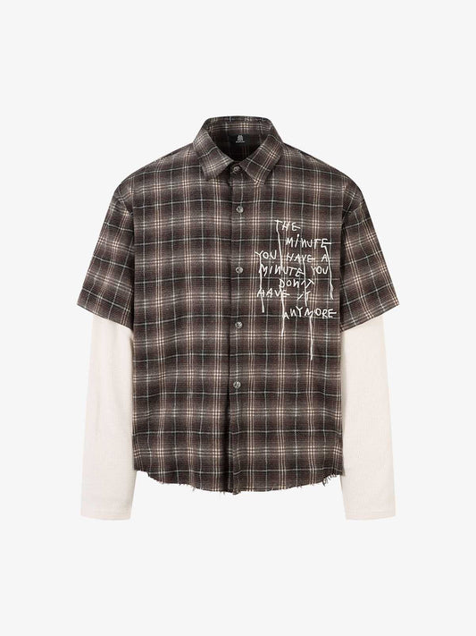 Street Faux Two-piece Damaged Plaid Long-sleeved Shirt 
