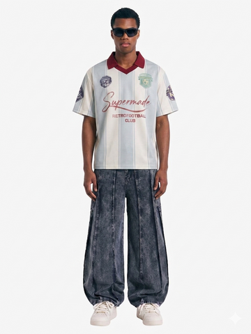 Washed Geometric Panel Barrel Jeans 