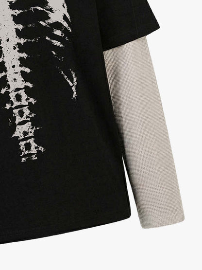 Waffle Knit Skeleton Graphic Layered T-Shirt