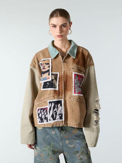 Punk Retro Collage Print Distressed Heavy Jacket - 2539 
