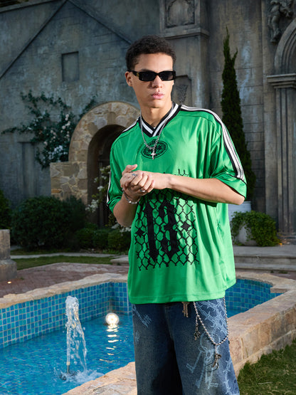 Supermade Color-Blocked V-Neck Embroidered Jersey Short-Sleeved 