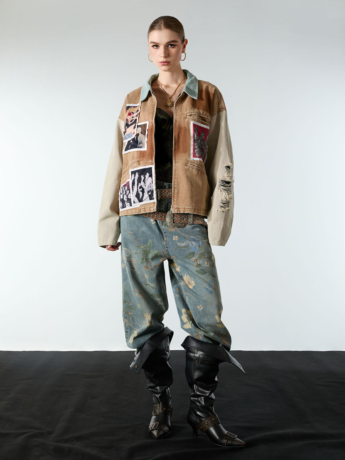 Punk Retro Collage Print Distressed Heavy Jacket - 2539 