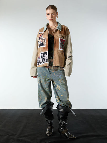 Punk Retro Collage Print Distressed Heavy Jacket - 2539 