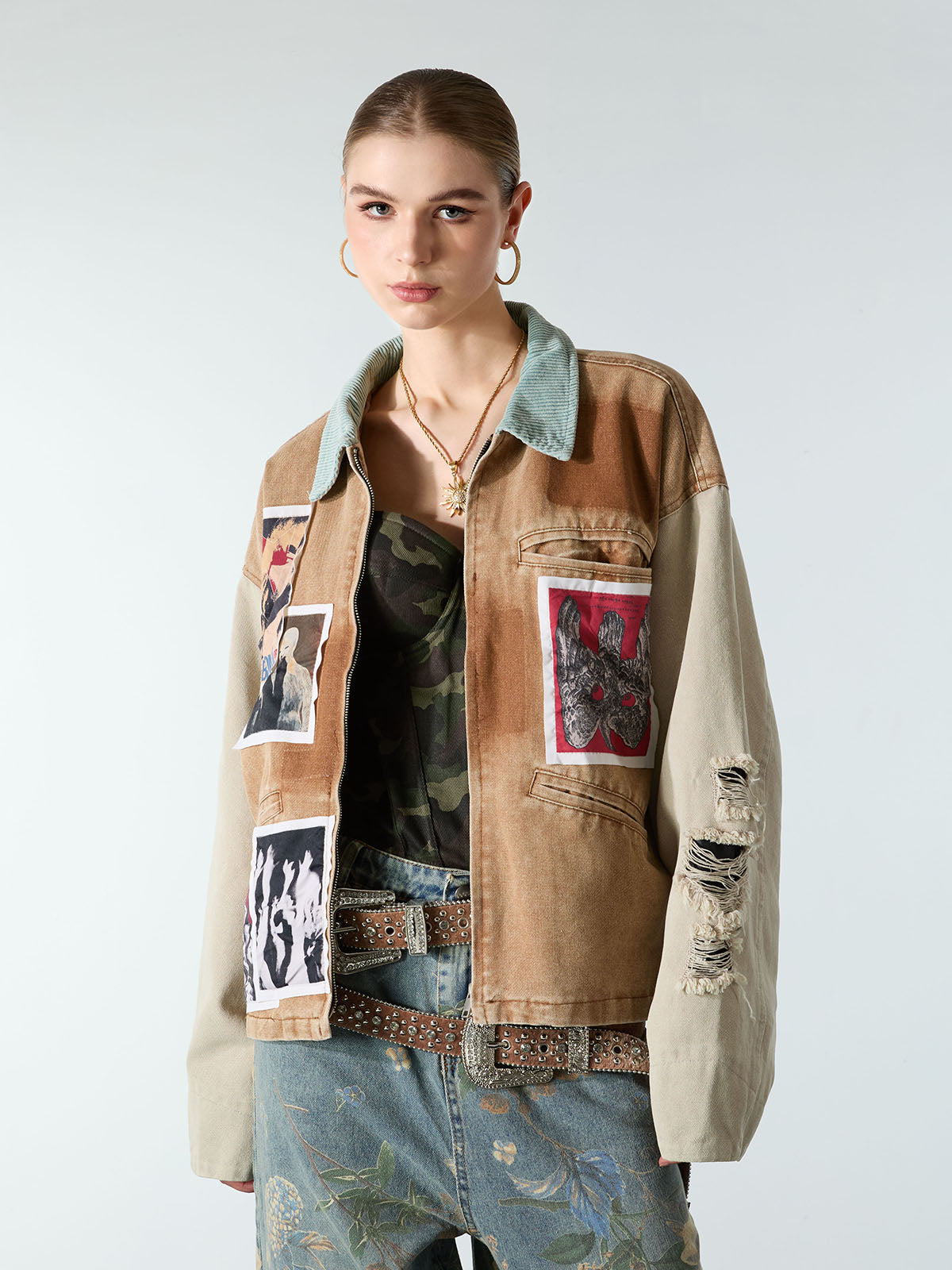 Punk Retro Collage Print Distressed Heavy Jacket - 2539 