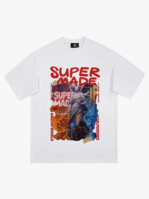 Cotton Blend SUPERMADE Sculpture Sraffiti Sticker Pattern T-Shirt 