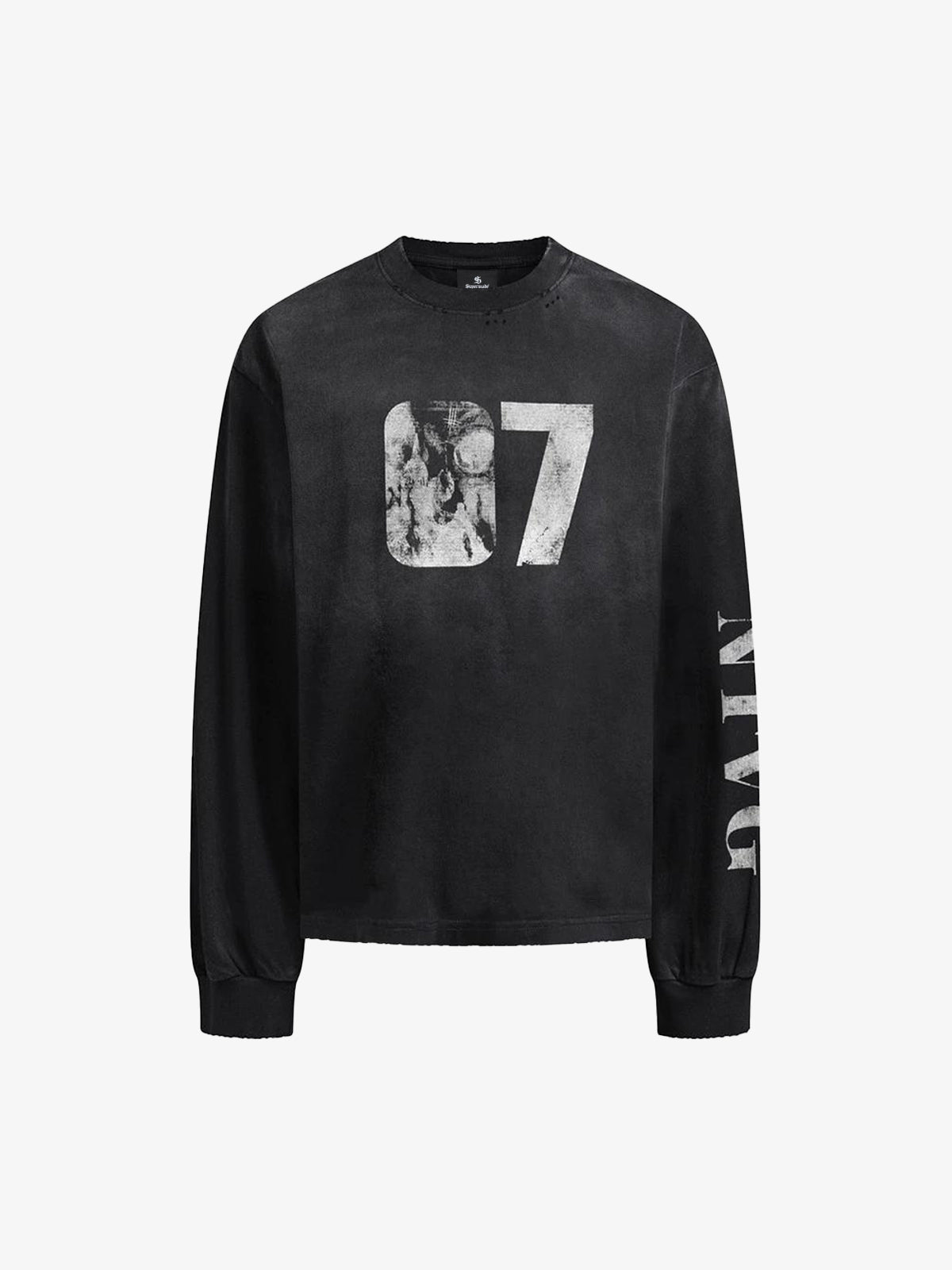 Cotton Long Sleeve Graphic Tee with Distressed 07 Print and NYC Sleeve Detail 