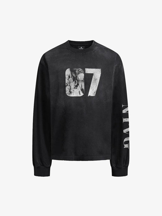 Cotton Long Sleeve Graphic Tee with Distressed 07 Print and NYC Sleeve Detail 