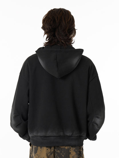 Washed Distressed Stand-up Collar Zipper Stitching Spray Monkey Hooded Sweatshirt 