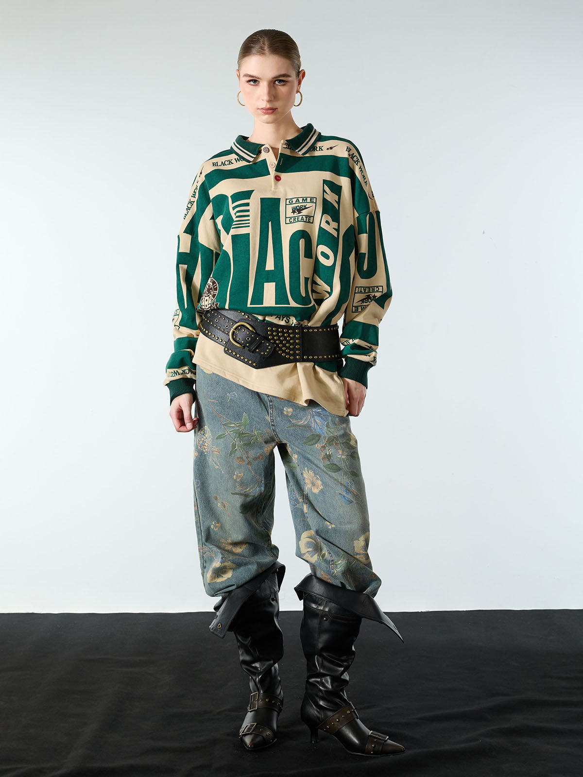 Denim Floral Print Carpenter Jeans - 2237 