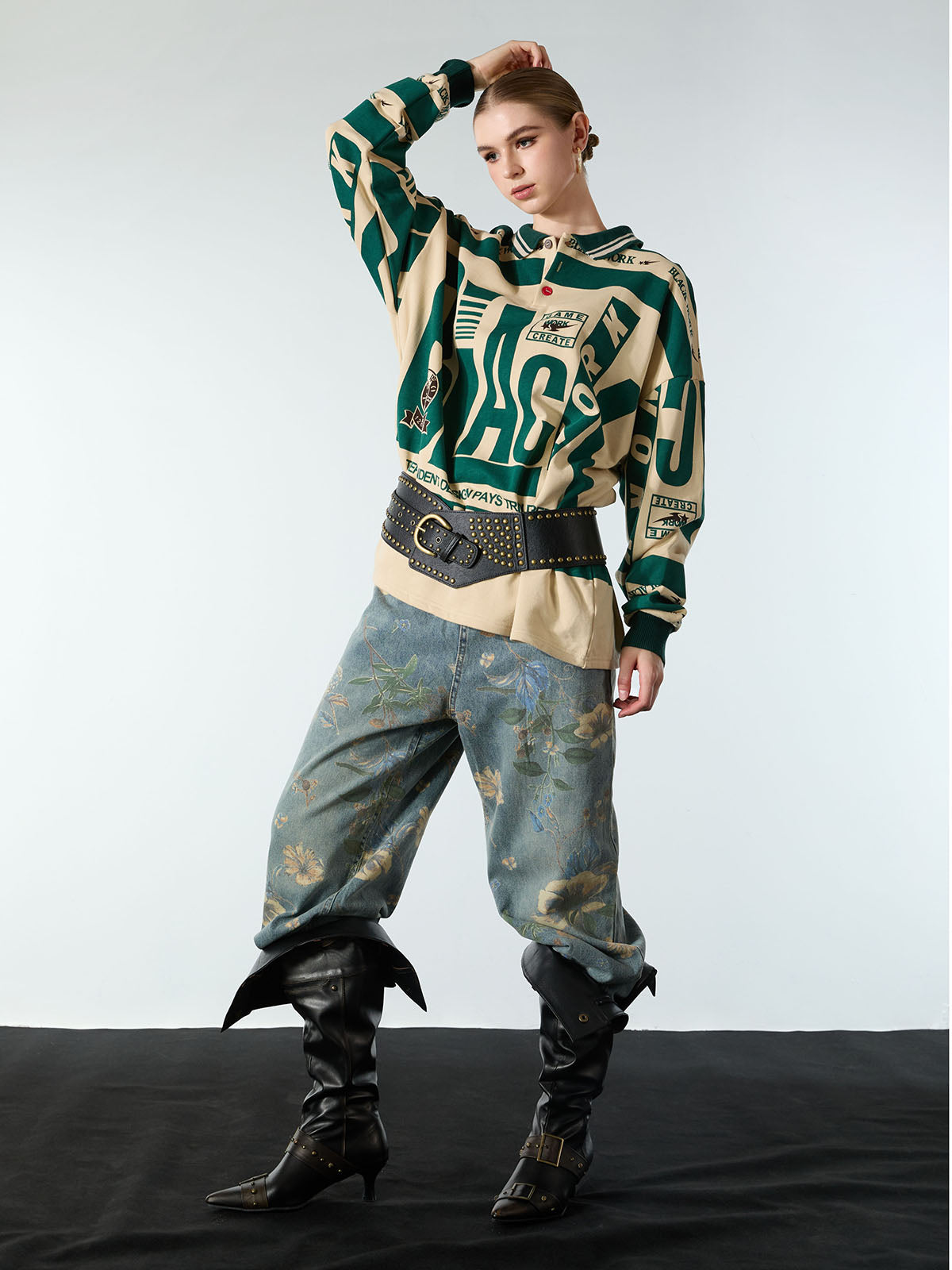 Denim Floral Print Carpenter Jeans - 2237 