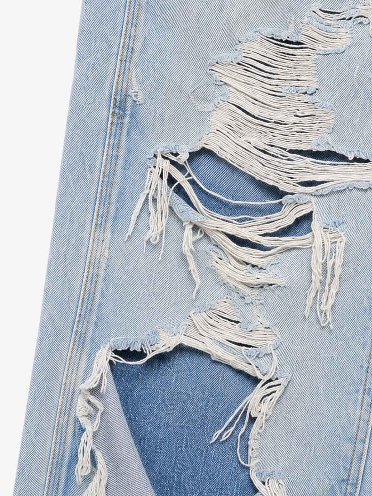 Checkerboard Knee-Ripped Distressed Wide-Leg Jeans