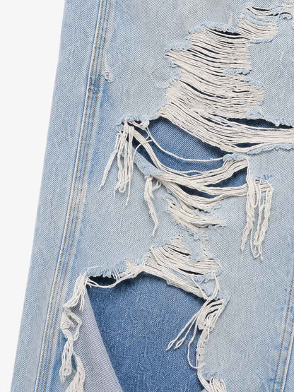 Checkerboard Knee-Ripped Distressed Wide-Leg Jeans