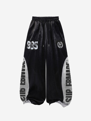 Glossy Color Block Logo Graphic Wide-Leg Sweatpants