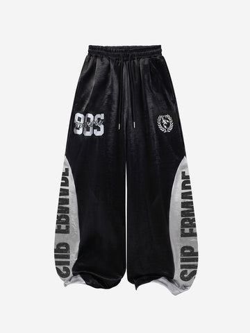 Glossy Color Block Logo Graphic Wide-Leg Sweatpants