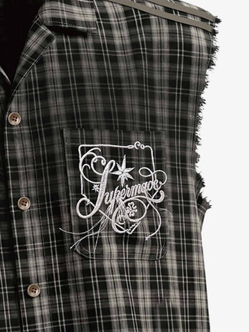 Camisa sin mangas a cuadros estilo punk vintage desgastado - 2629