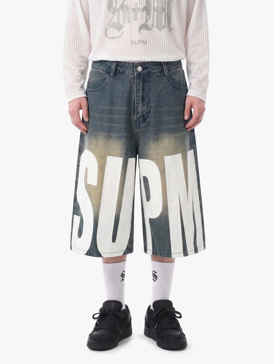 Distressed SUPM Letter Print Denim Shorts