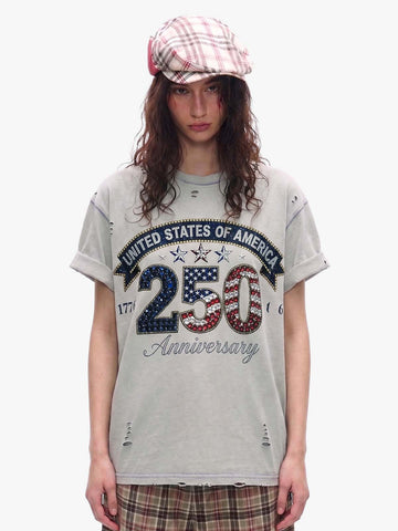 Rhinestone 250 Ripped Washed T-Shirt 