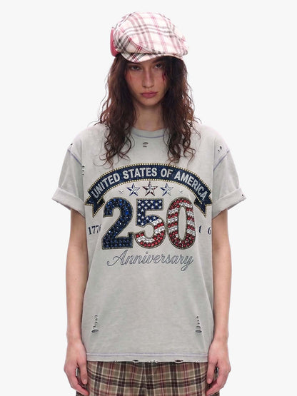 Rhinestone 250 Ripped Washed T-Shirt 