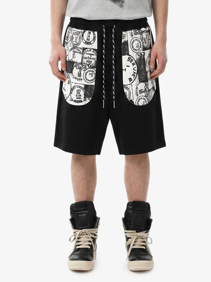 Stamp Print Patch Pocket Knit Shorts 