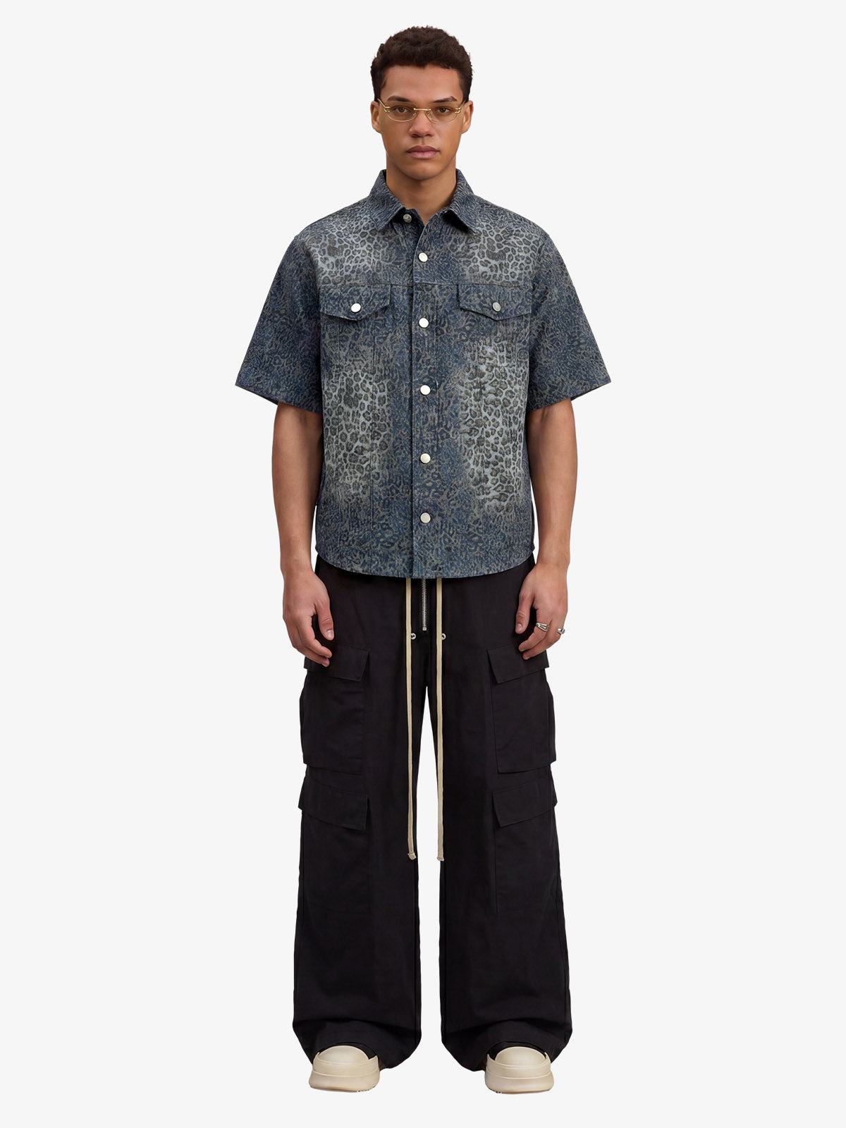 Vintage Leopard Print Washed Denim Short Sleeve Shirt 